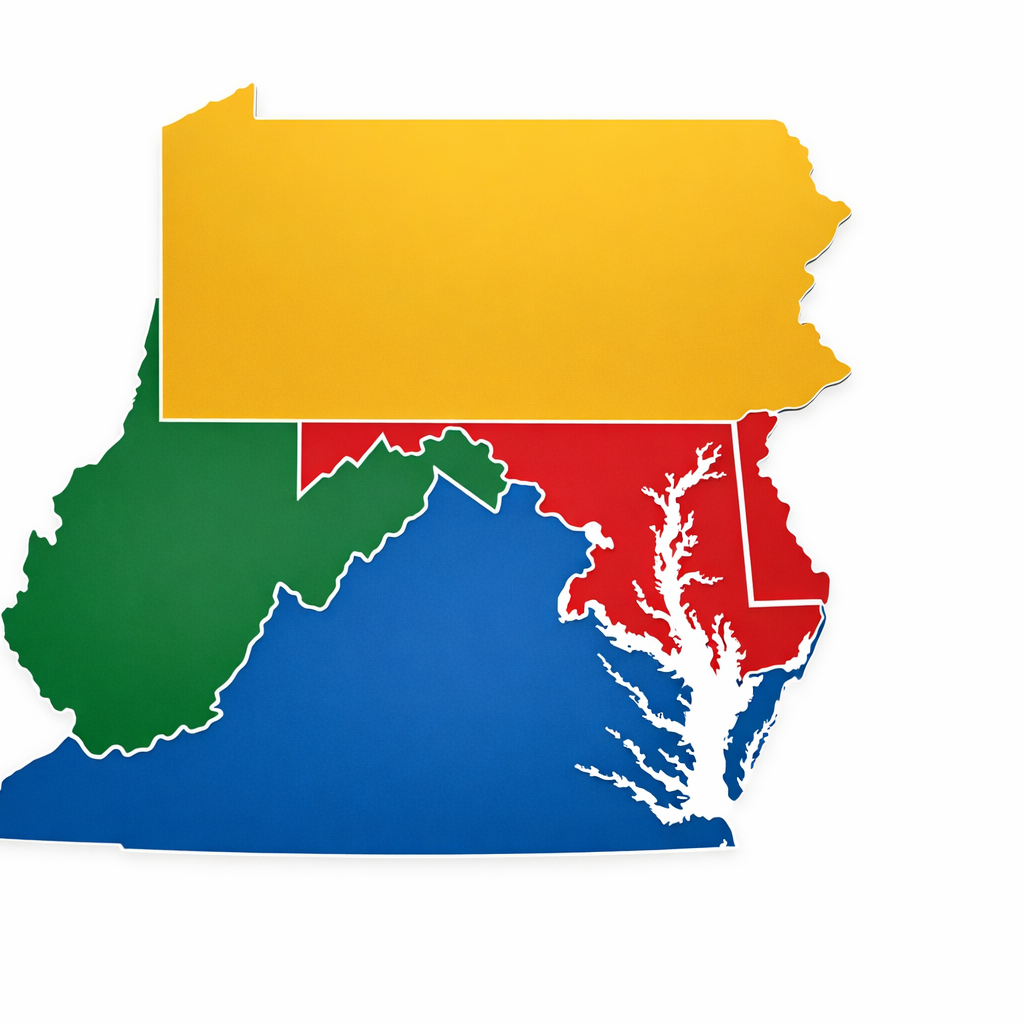 Mid-Atlantic states map illustration We’re Proud to Serve Pennsylvania, Maryland, Virginia, and West Virginia